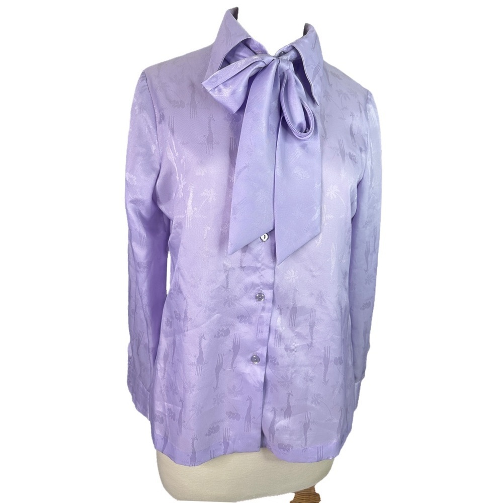 Vintage Purple Giraffe Print Satiny Secretary Blouse - Picture 1 of 7